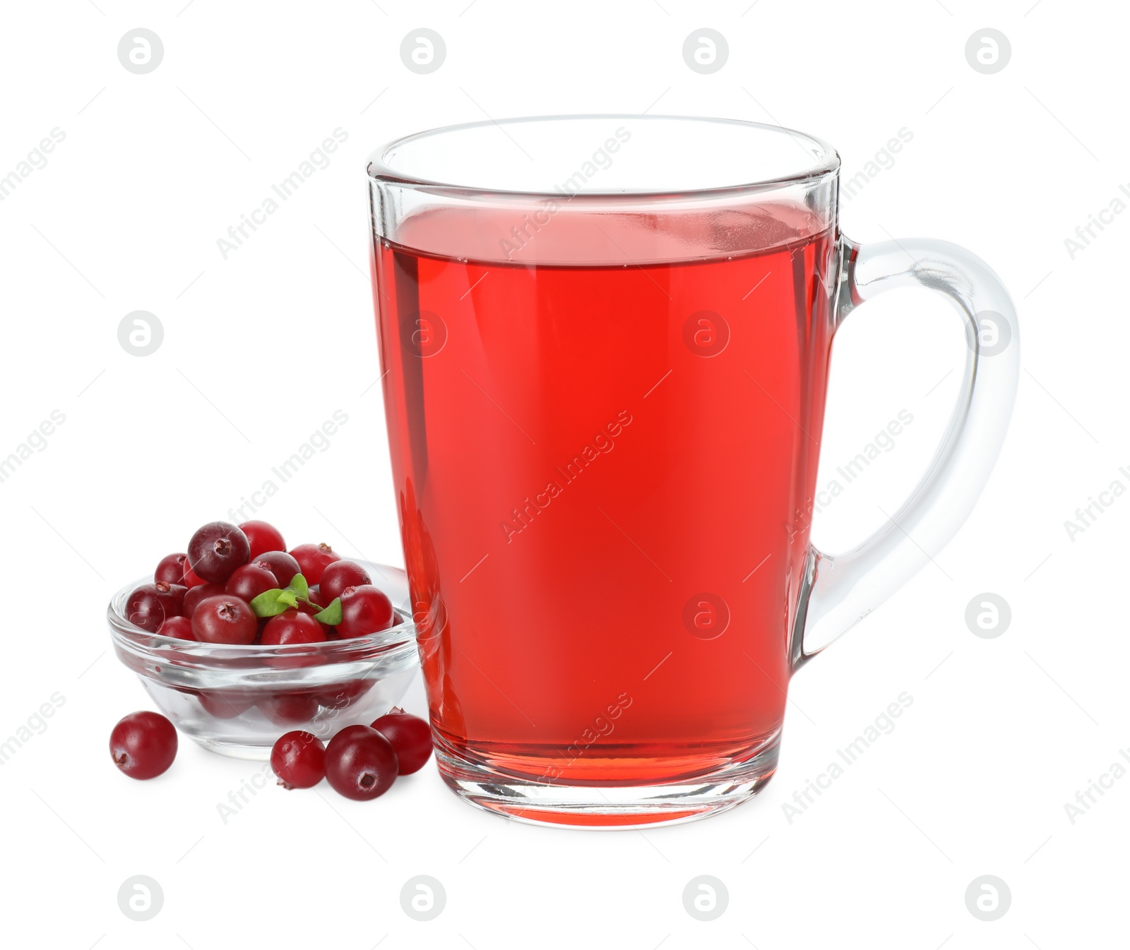 Photo of Cup of delicious cranberry tea and berries isolated on white