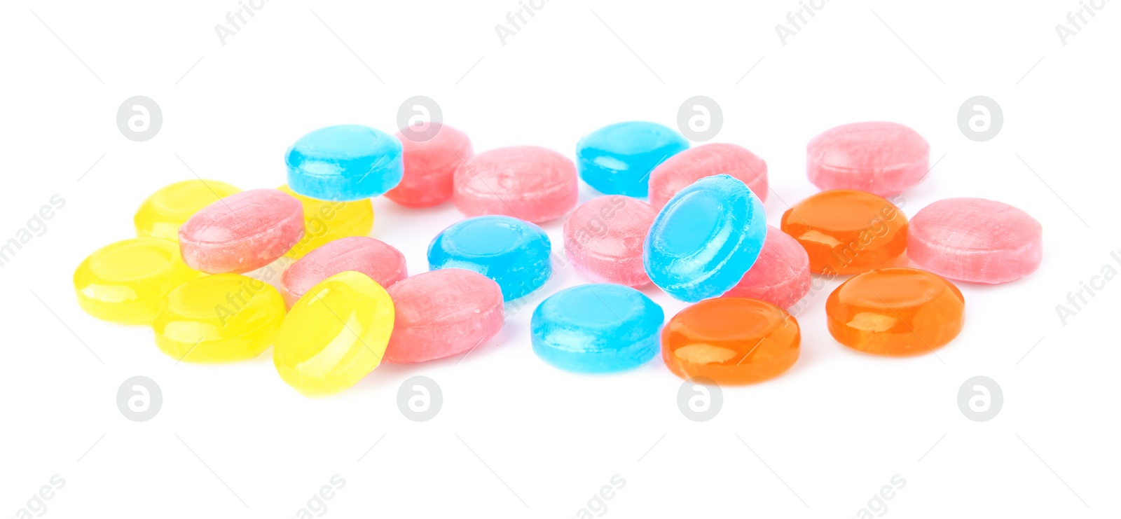 Photo of Many different colorful cough drops on white background