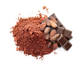 Photo of Cocoa powder, beans and pieces of chocolate on white background