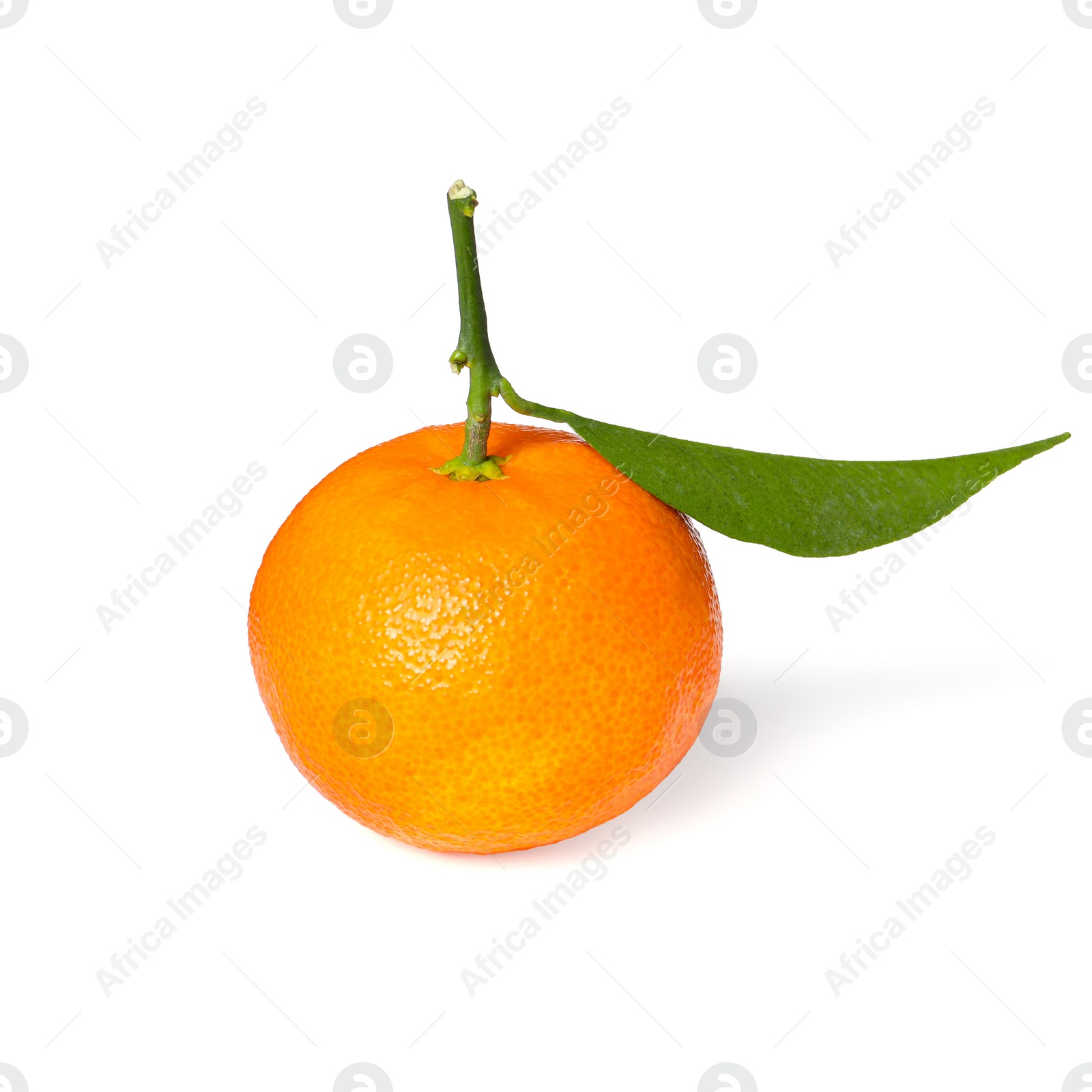 Photo of Fresh ripe juicy tangerine with green leaf isolated on white