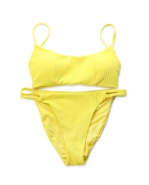 Photo of Stylish yellow swimsuit isolated on white, top view. Beach accessory