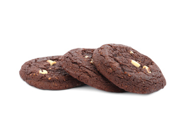 Photo of Tasty homemade chocolate cookies on white background