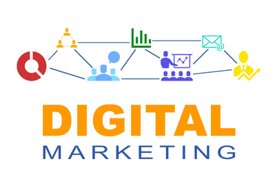 Illustration of Digital marketing strategy. Linked icons on white background
