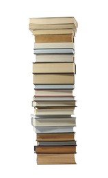 High stack of many different books isolated on white