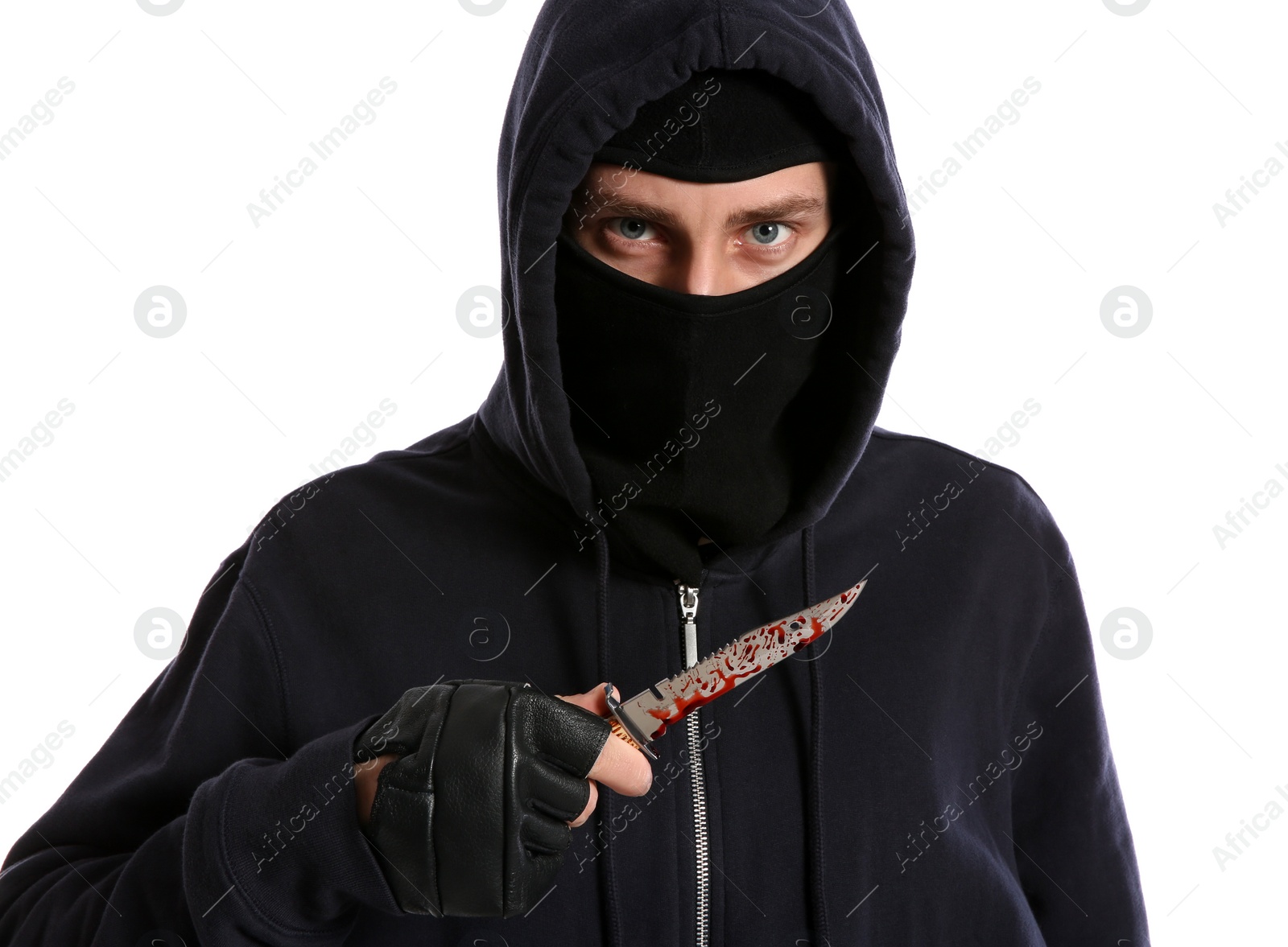 Photo of Man in mask with bloody knife on white background. Dangerous criminal