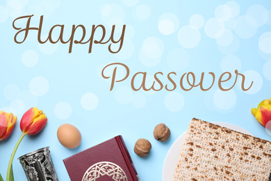 Image of Flat lay composition with symbolic Pesach (Passover Seder) items on light blue background