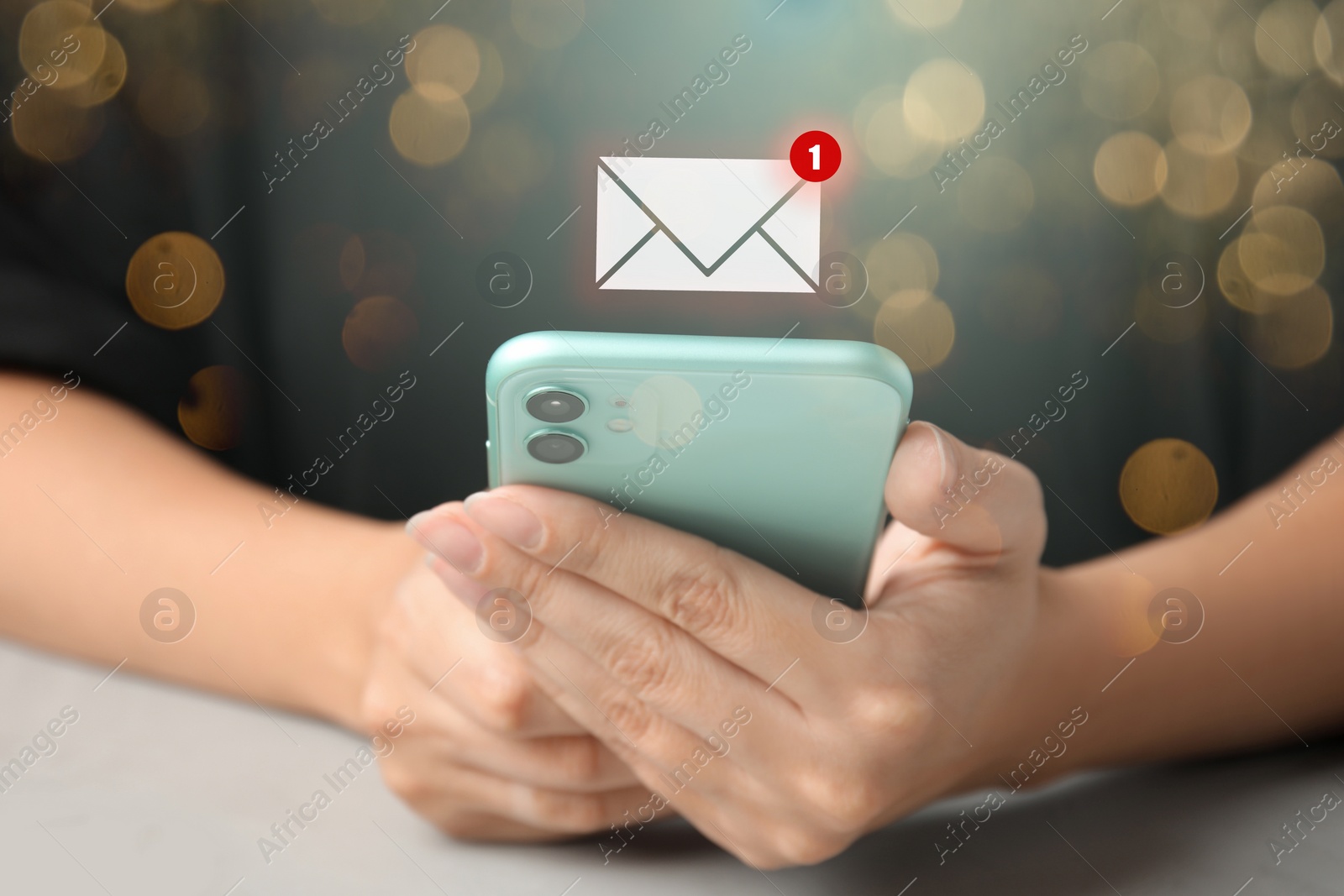 Image of Email. Woman using mobile phone, closeup. Letter illustration over device