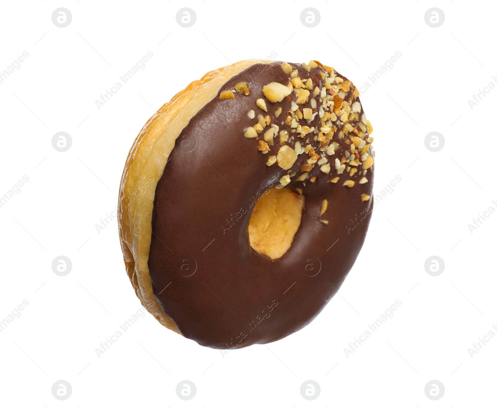 Photo of Sweet tasty glazed donut decorated with nuts isolated on white