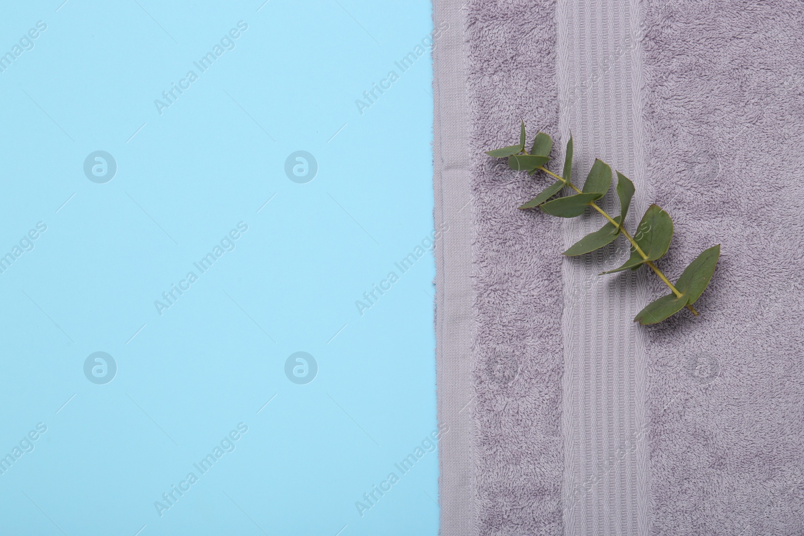 Photo of Violet terry towel and eucalyptus branch on light blue background, top view. Space for text