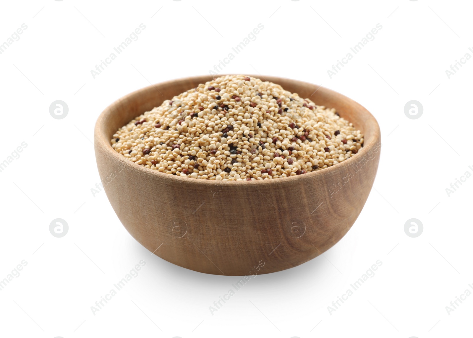 Photo of Raw quinoa seeds in bowl isolated on white