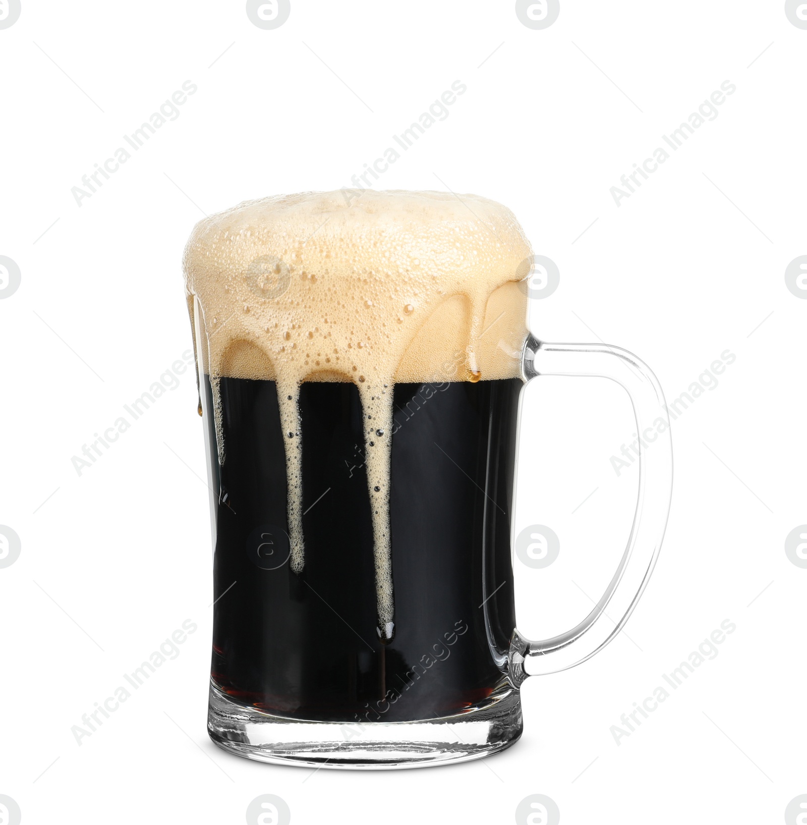 Photo of Glass mug with cold dark beer on white background