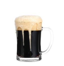 Photo of Glass mug with cold dark beer on white background