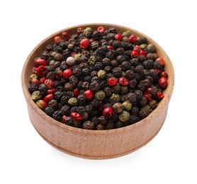 Photo of Wooden bowl of peppercorn mix on white background