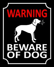 Sign WARNING BEWARE OF DOG, black background. Illustration