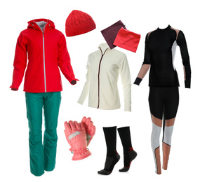 Image of Collection of stylish winter sports clothes on white background