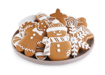 Delicious gingerbread Christmas cookies on white background