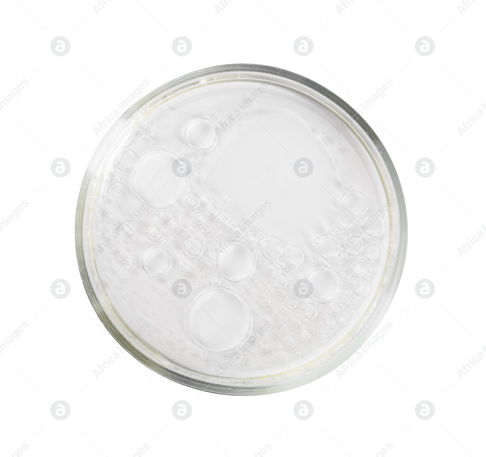 Photo of Petri dish with liquid sample isolated on white, top view