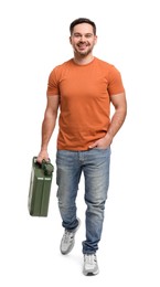 Man holding khaki metal canister on white background