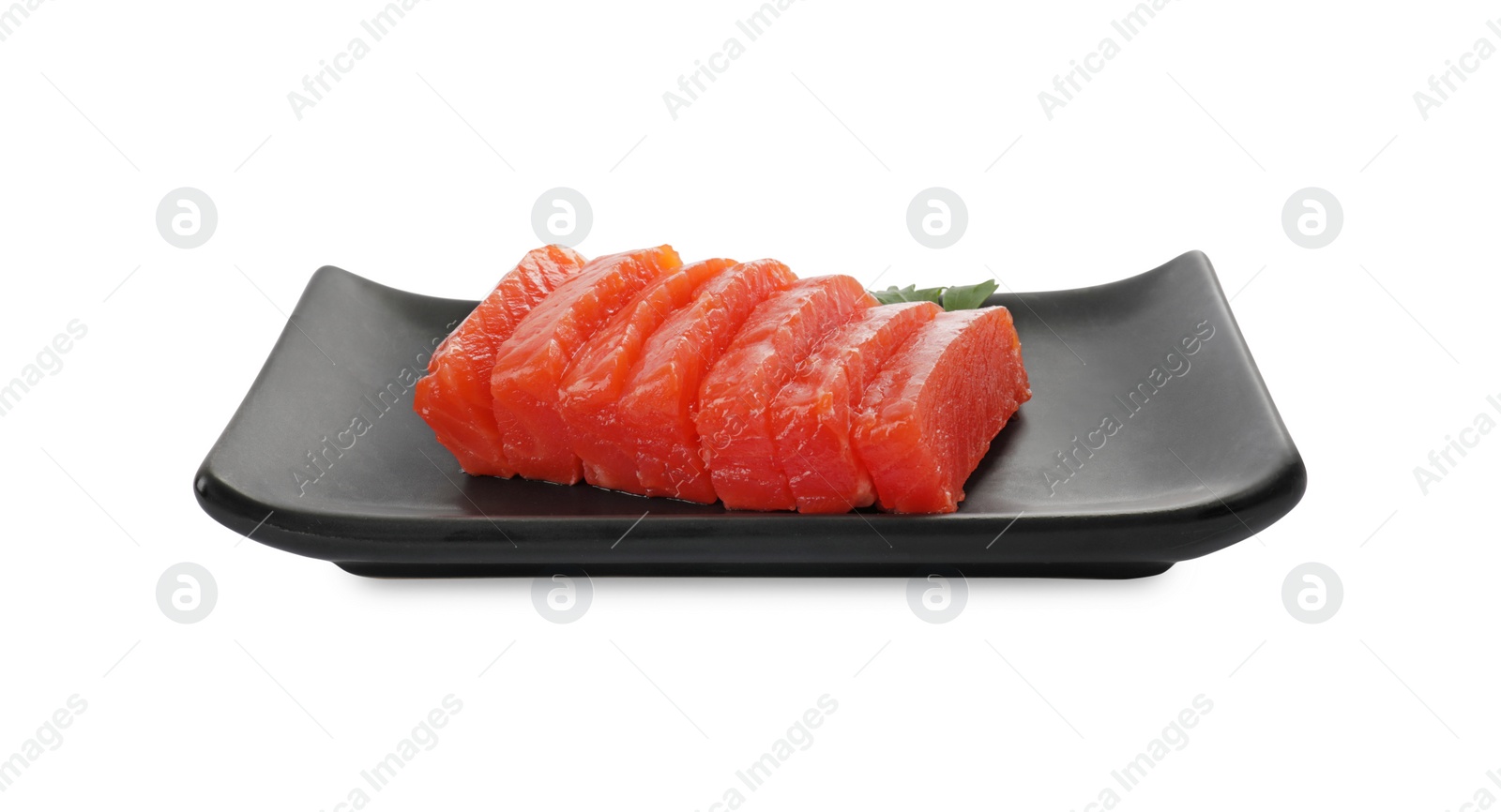 Photo of Tasty sashimi (slices of raw salmon) served with parsley isolated on white