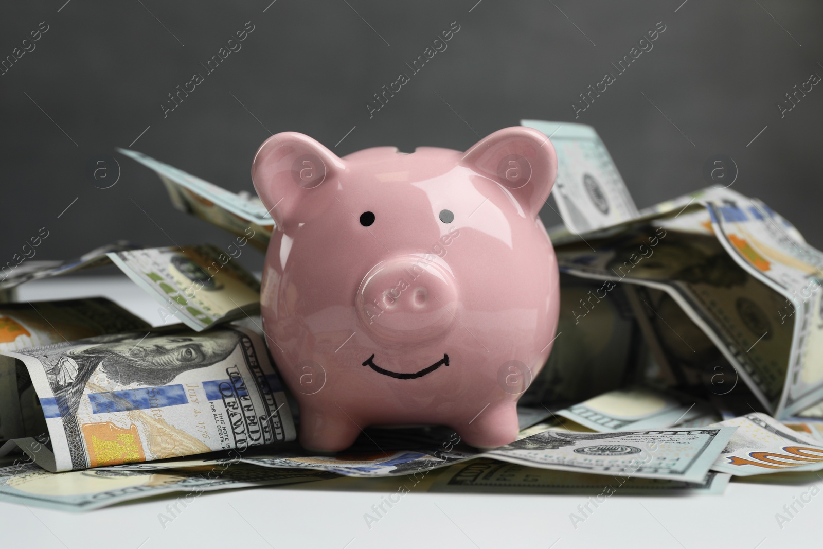 Photo of Money exchange. Dollar banknotes and piggy bank on white table against gray background, closeup