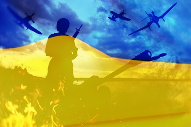 Image of Double exposure of Ukrainian national flag and soldier with weapon and planes in combat zone