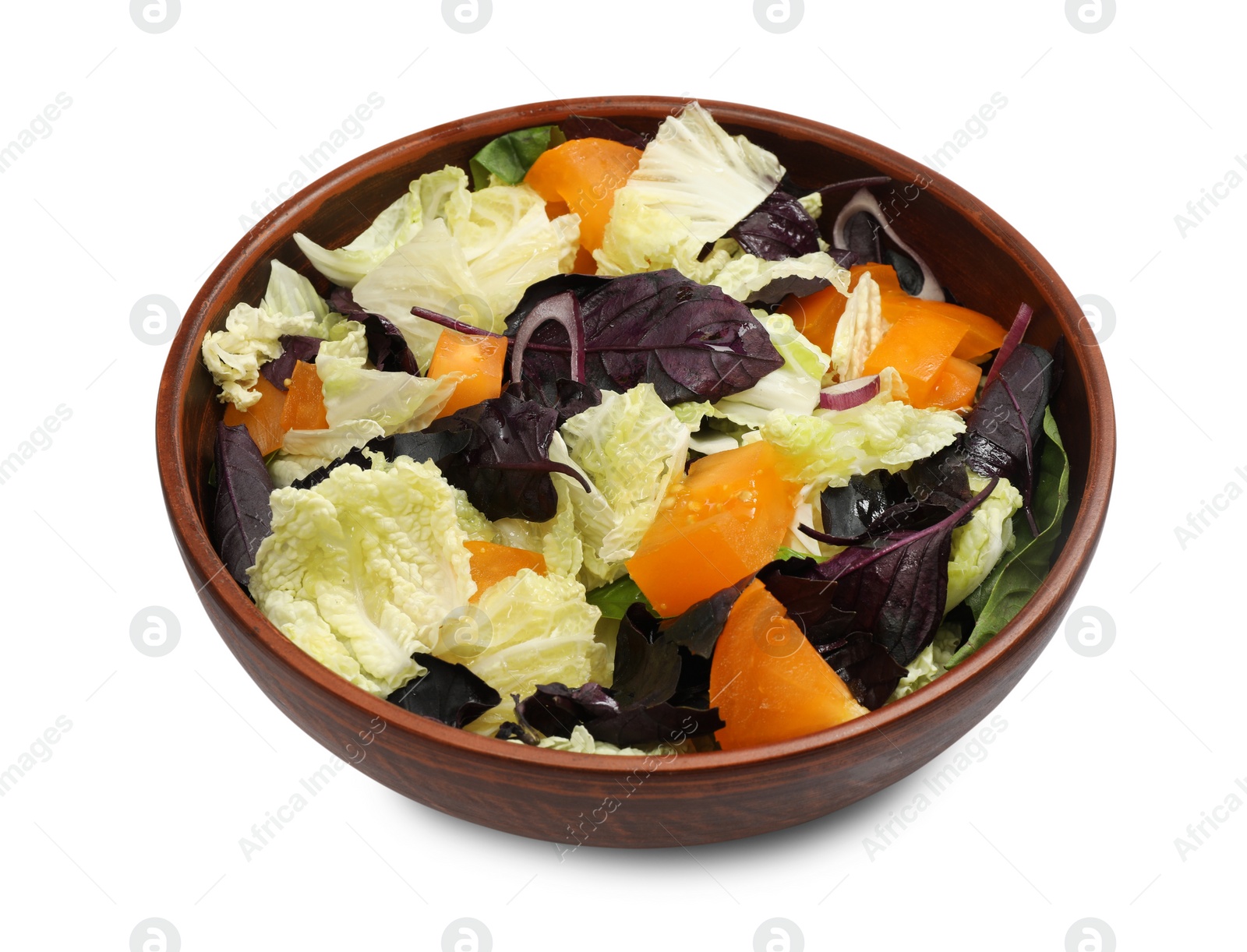 Photo of Delicious salad with Chinese cabbage, tomato and basil isolated on white