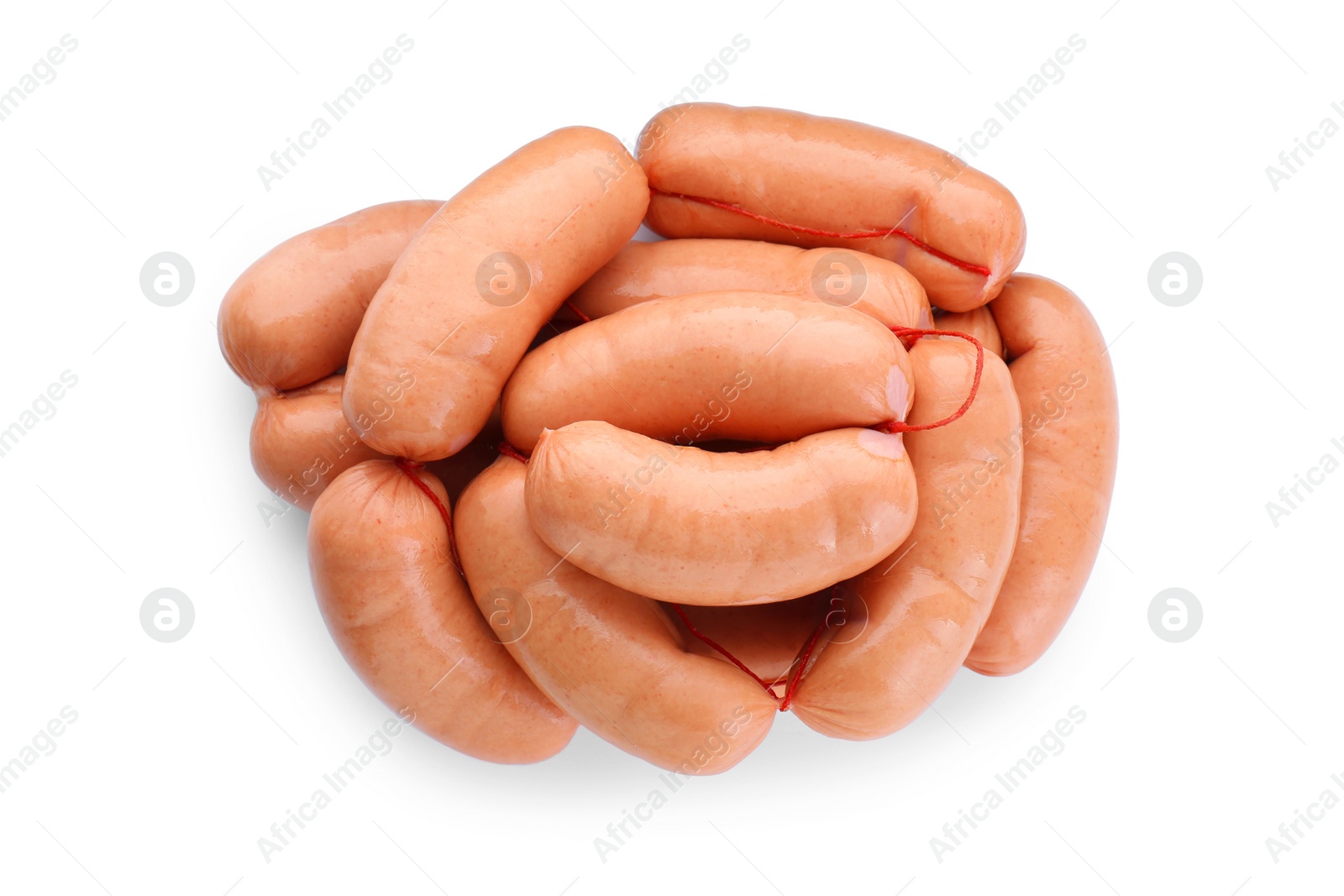 Photo of Tasty sausages isolated on white, top view. Meat product