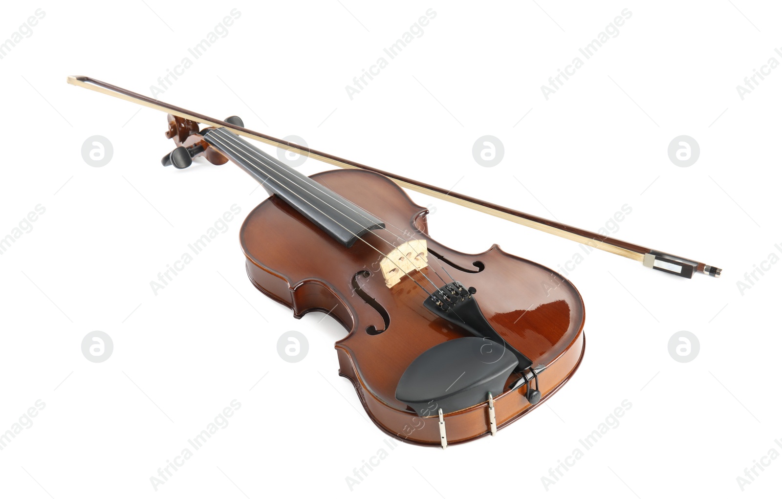 Photo of Beautiful classic violin and bow on white background. Musical instrument