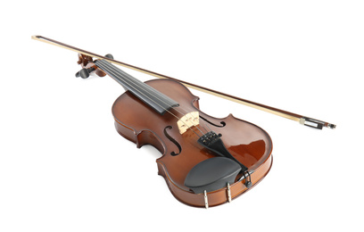 Photo of Beautiful classic violin and bow on white background. Musical instrument