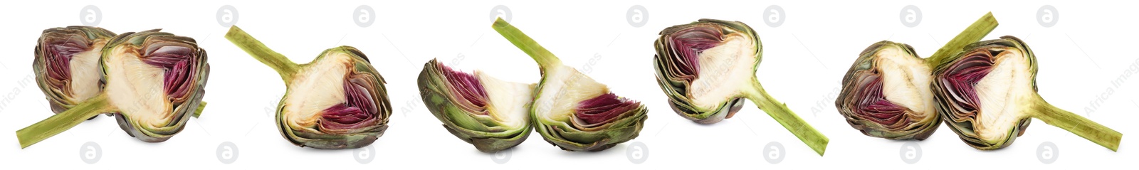 Image of Set with fresh raw artichokes on white background. Banner design 