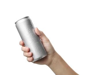 Photo of Woman holding aluminum can with beverage on white background, closeup. Space for design