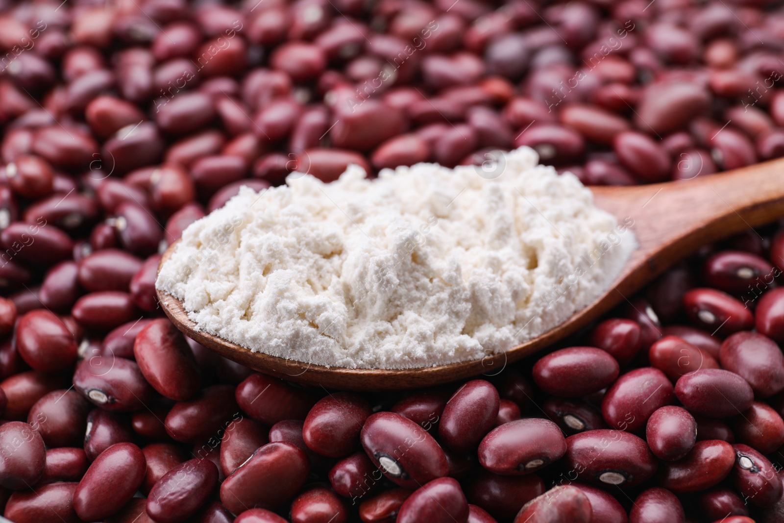 Photo of Wooden spoon with kidney bean flour on brown seeds, closeup