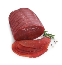 Photo of Tasty fresh dry bresaola, peppercorns and rosemary isolated on white