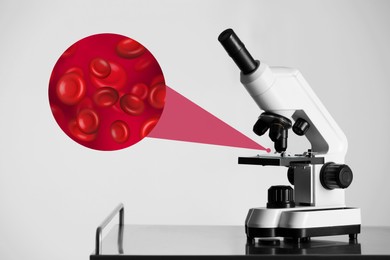 Examination of blood sample under microscope in laboratory