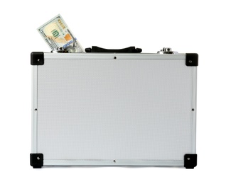 Photo of Hard case full of money on white background