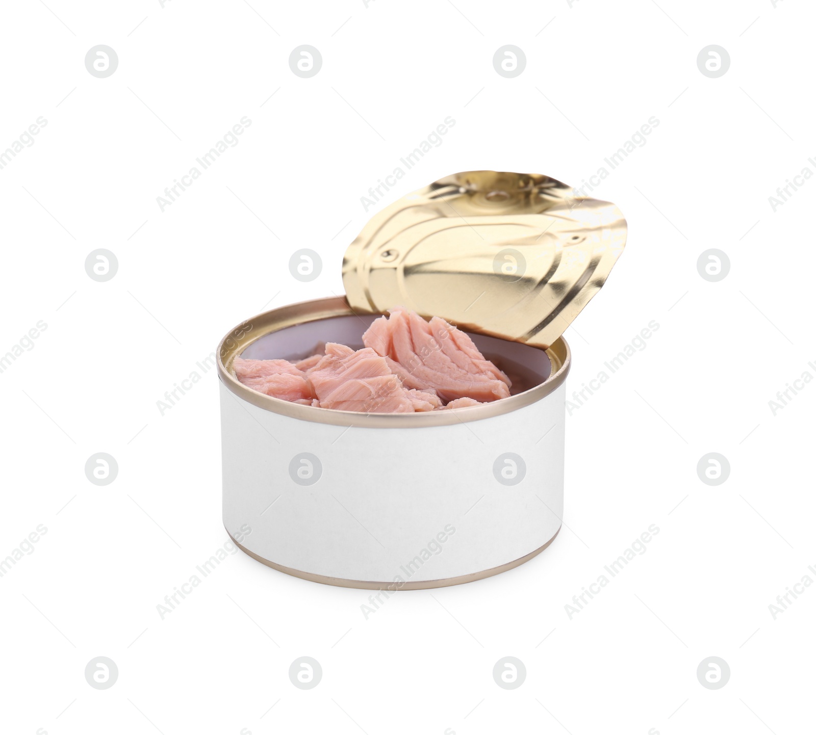 Photo of Tin can with canned tuna isolated on white