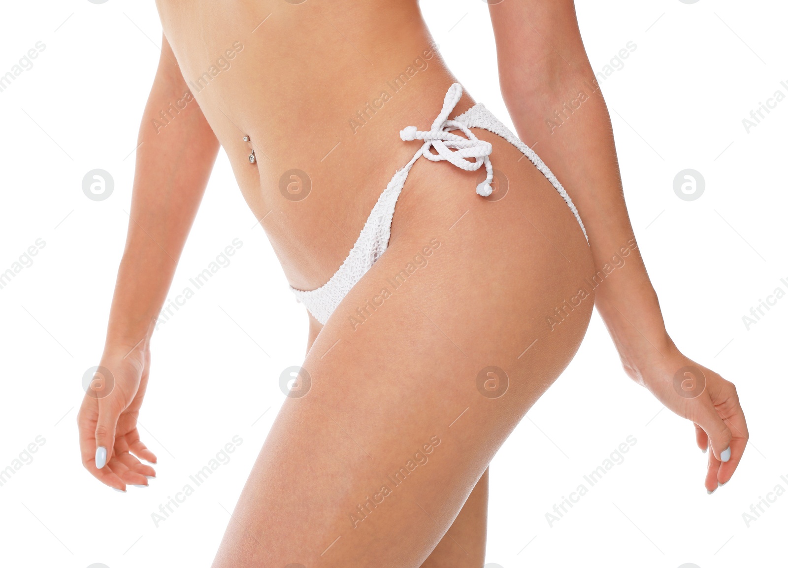 Photo of Sexy young woman wearing stylish bikini on white background, closeup