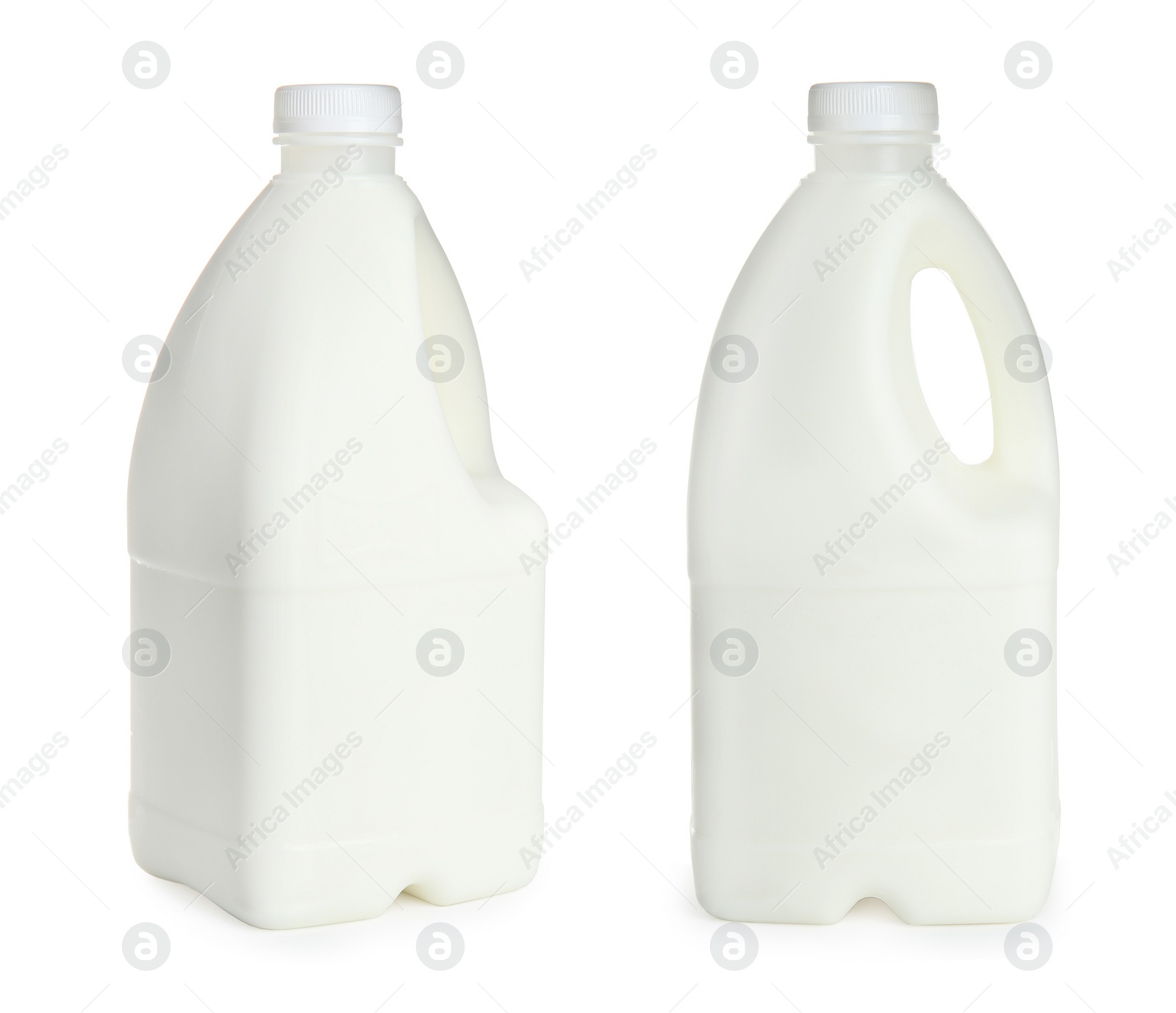 Image of Gallon bottles of milk on white background, collage