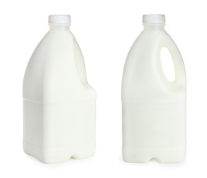 Gallon bottles of milk on white background, collage