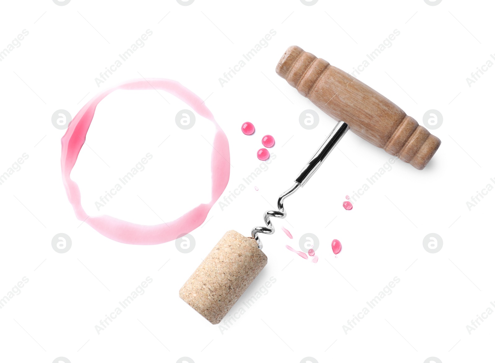 Photo of Wine stain, corkscrew and stopper on white background, top view
