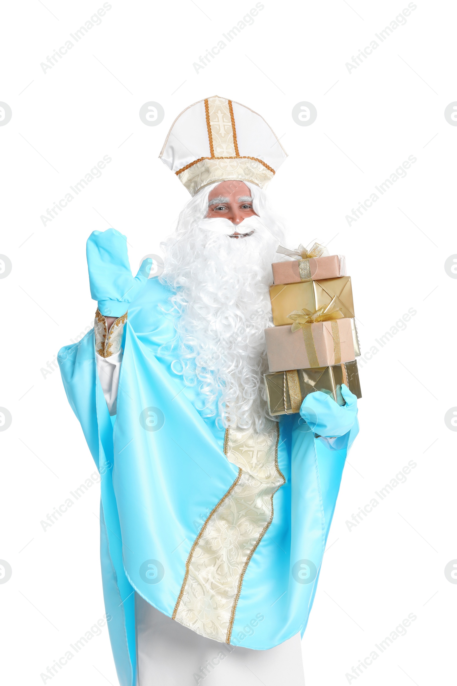 Photo of Portrait of Saint Nicholas with presents on white background