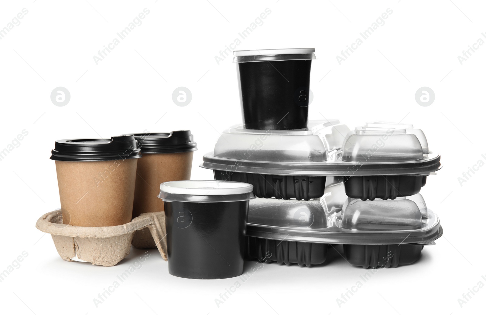 Photo of Different containers on white background, mockup for design. Food delivery