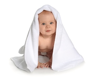 Cute little baby with soft towel on white background