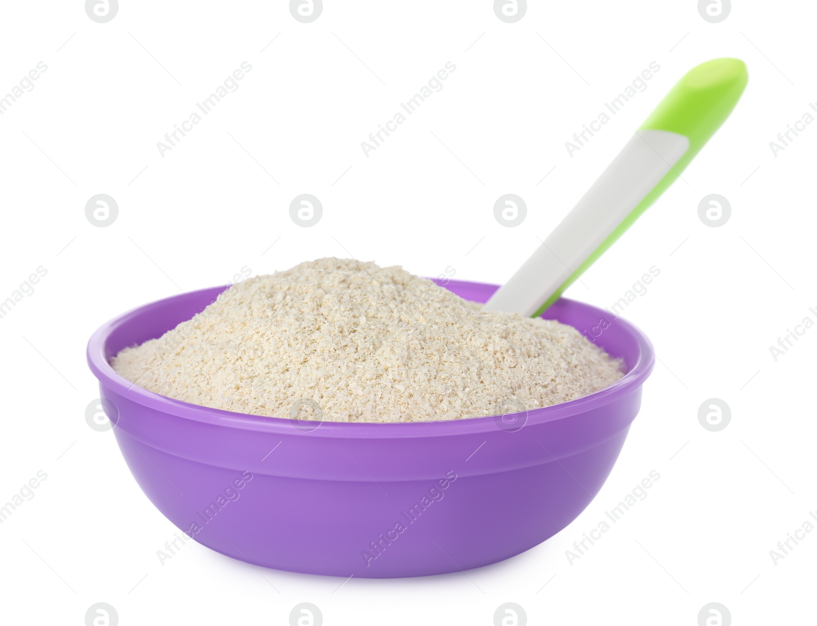 Photo of Dry healthy baby food in bowl on white background