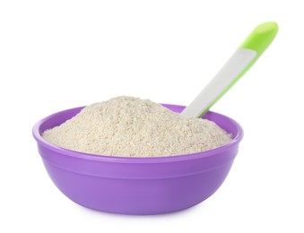 Photo of Dry healthy baby food in bowl on white background