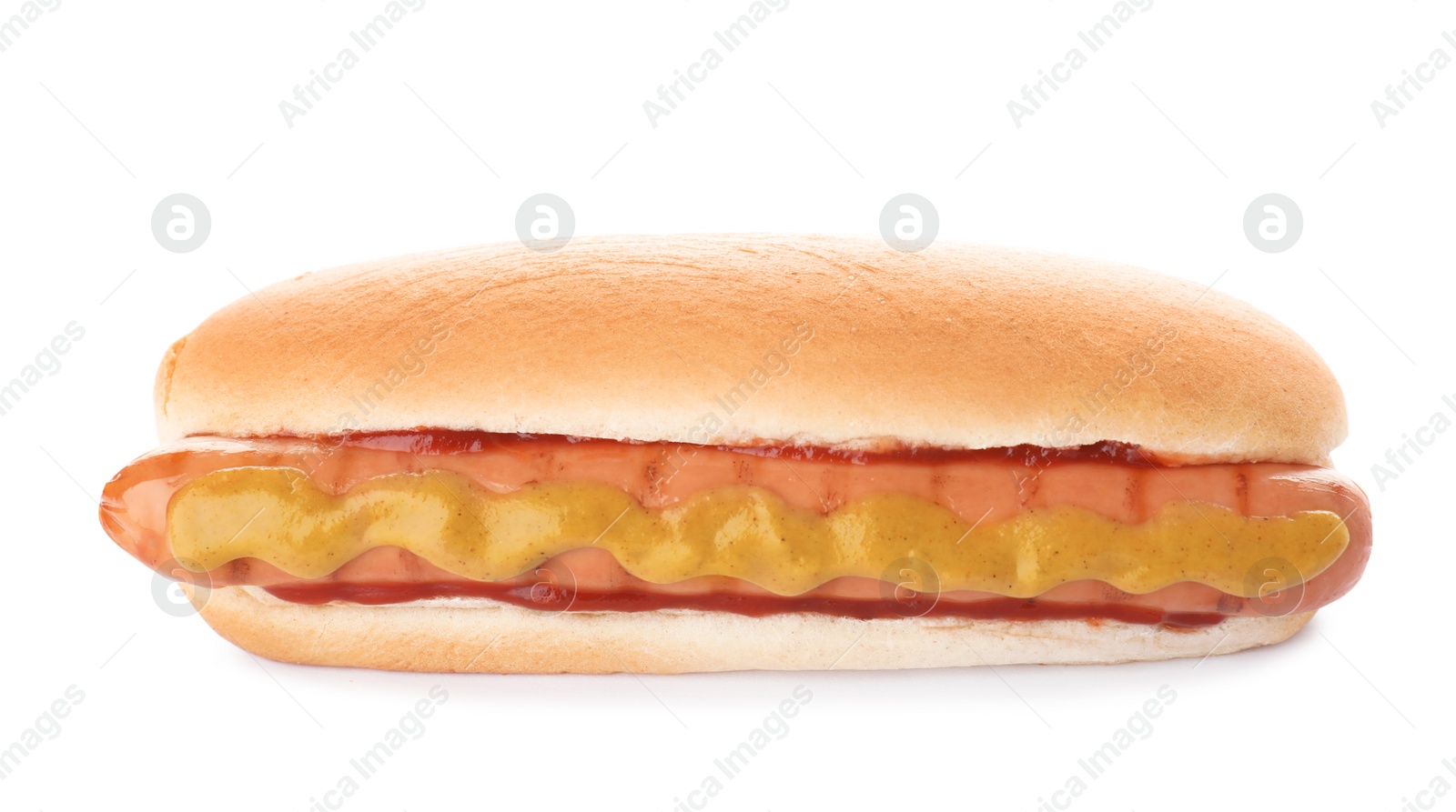 Photo of Tasty hot dog with ketchup and mustard on white background