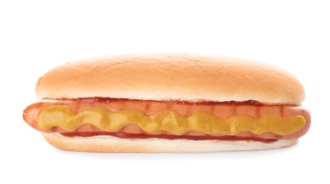 Photo of Tasty hot dog with ketchup and mustard on white background