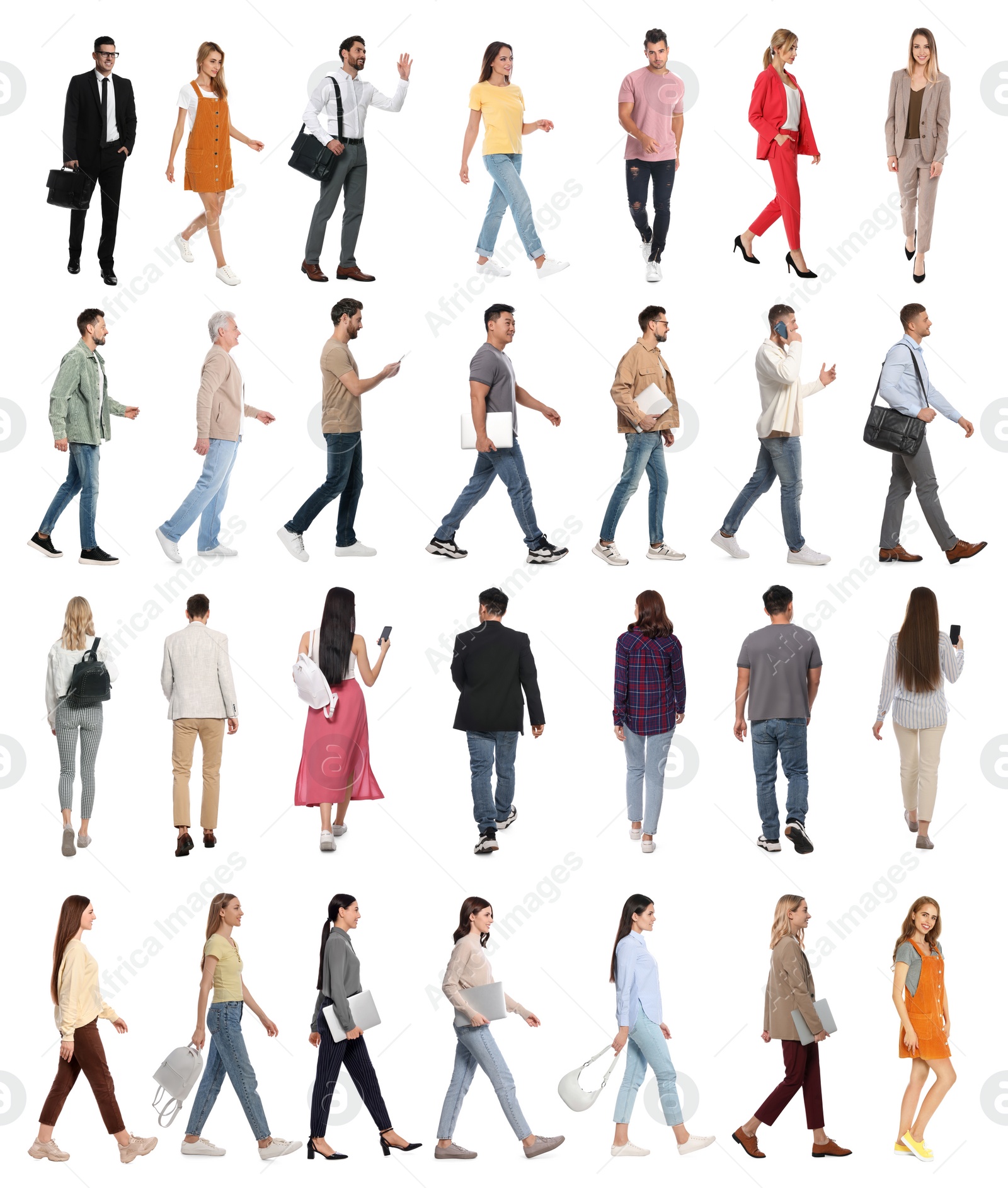 Image of Collage with photos of people wearing stylish outfit walking on white background