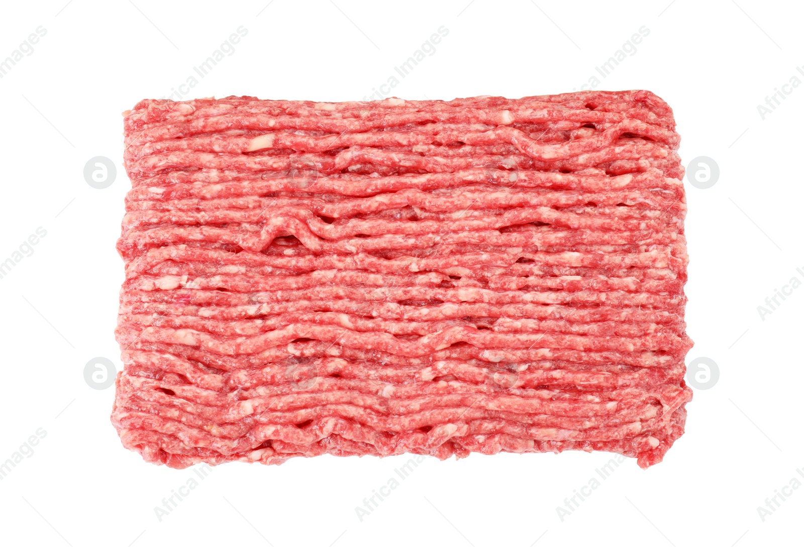 Photo of Fresh raw ground meat isolated on white, top view