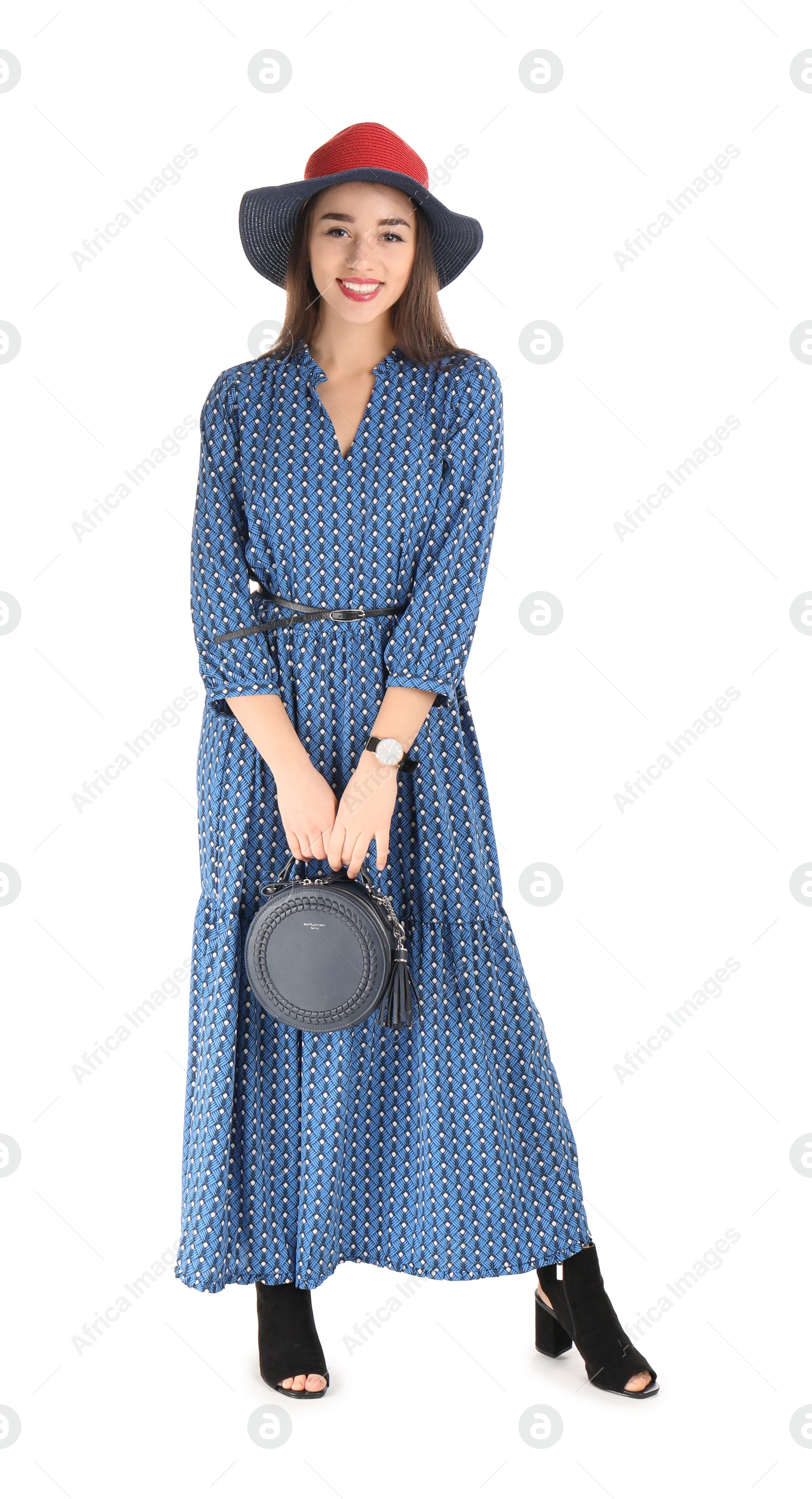 Photo of Portrait of beautiful young woman in stylish dress on white background